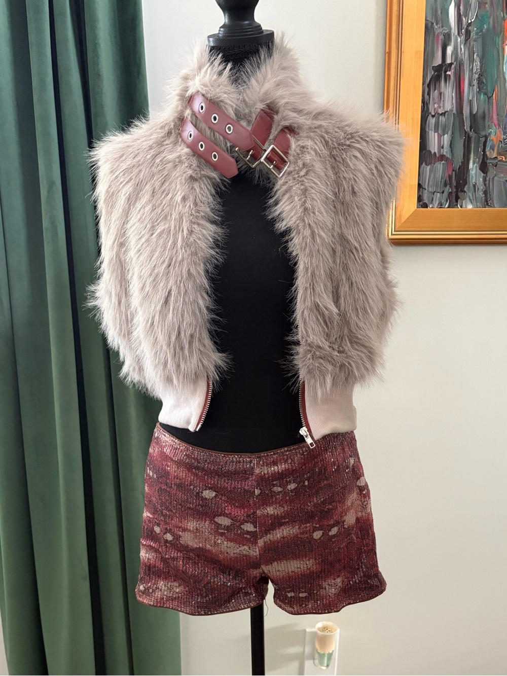 Faux Fur Cropped Vest Jacket in Light Taupe & Sequin Shorts